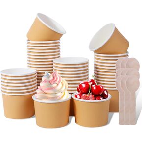 AQSXO 100 Pcs 8 Ounce Paper Ice Cream Cups Disposable Dessert Bowls Mini Wooden Spoons for Hot or Cold Food, Sundae, Frozen Yogurt, Soup.