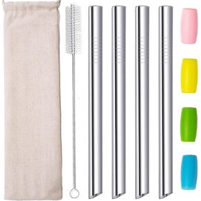 Reusable Boba Smoothie Straw Rainbow Metal Straws Wide Thick Fat Angled Tip Sharp End Straw for Milkshake Jumbo Bubble Tea Straws With Carry Case Bag Silicone Tips Brush 12mm 0.5in 4 Pack