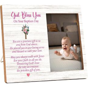 Baptism Pictures Frame, God Bless You On Your Baptism Day Photo Frame, Baby Girl Baptism Gifts from Godparents Friends Family, Farmhouse Home Living Room Bedroom Decoration -c07