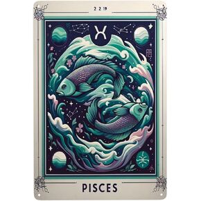 Twelve Constellations Whimsical Pisces Zodiac Metal Tin Sign,Celestial Star Sign Home Decor,Retro Astrology Wall Art for Living Room,Bar,ManCave,Vintage Horoscope Plaque for Astrology Lovers 12x16inch