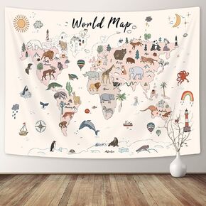 World Map Kids Tapestry, Cute Cartoon Animal Educational Learning Tool Tapestries for Classroom Study,Cool Beige Sun Moon Rainbow Plant Wild Art Hanging Bedroom Living Room Dorm Wall Blankets Decor