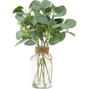 Artificial Eucalyptus Stems in Glass Vase with Faux Water, 13.4'' Fake Plant Eucalyptus Leaves Greenery White Seeds for Table Office Wedding Desk Centerpiece Home Decor
