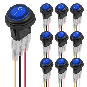 10Pack 12V Round Rocker Switch Blue LED Lighted Waterproof 3Pin 2 Position ON/Off Circle Toggle Switch with Wires 12V/20A for Auto Car Marine Boat Automotive RV Truck