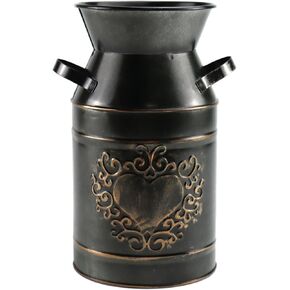 7.5" High Bronze Decorative Vase with Garden Pattern, Galvanized Metal Farmhouse Milk Can Country Jug for Living Room, Bedroom, Kitchen