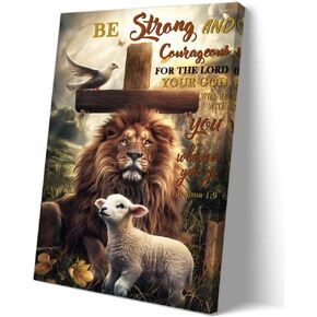 Sboobily Lion And Lamb Pictures Wall Decor Be Strong And Courageous Joshua 1 9 Wall Art Bible Verse Poster 08x12 inches