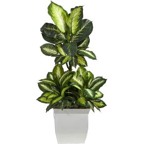 Nearly Natural 46in. Golden Dieffenbachia Artificial Plant in White Metal Planter