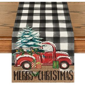 Artoid Mode Red and Black Buffalo Plaid Merry Christmas Tree Table Runner, Seasonal Truck Gifts Kitchen Dining Table Decoration for Outdoor Home Party 13x36 Inch