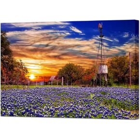 Conipit Texas Landscape Wall Art Texas Wildflowers Canvas Bluebonnets Picture Rustic Windmill Painting Farmland Sunset Prints Western Farm Artwork for Home Wall Decor Framed 24''x36''