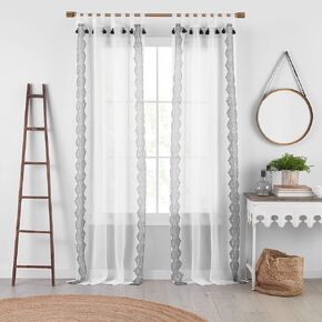 Elrene Home Fashions Shilo Sheer Boho Tab-Top Window Curtain Panel with Tassels, Black, (52 X 84)