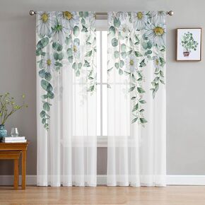 Green Eucalyptus Sheer Curtains 84 Inches Long, Daisy Floral Spring Botanical Window Curtains Light Filtering Rod Pocket Curtain Farmhouse Style Voile Drapes for Living Room Bedroom Each 52" W x 84" L