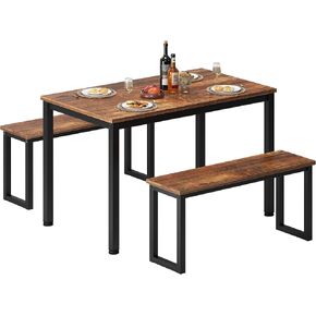 soges Kitchen Table Set with 2 Benches, White Dining Table Set for 4, 3 Piece Dining Room Table and Long Benches, Breakfast Table Coffee Table Set, Industrial Style Wooden Kitchen and Dining Room Set