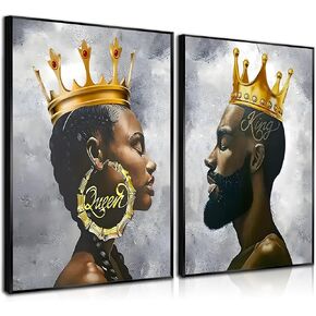 ZJJARTYB 2 Pcs African King and Queen Wall Art Black Couple Canvas Prints African American Love Poster Black Girl Black Man Wall Decor Painting for Living Room Bedroom Bathroom 12x16in Unframed