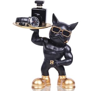 YUNSHID 10.63in Resin Muscle French Bulldog Statue with 2 Trays, Multi-Functional Bulldog Storage for Key Candy Jewelry, Black Dog Statue for Modern Home Decor