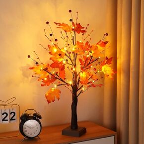 2 FT Fall Tree with Lights, 24 LED Light Up Tree Tabletop Lamp for Thanksgiving Decorations, Artificial Lighted Maple Tree with Timer Autumn Harvest Home Decor