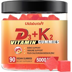 Sugar Free Vitamin D3 K2 Gummies 5000IU with Calcium, Magnesium and Zinc for Bone, Teeth, Muscle, Natural Peach Flavor, Vegan, 90 chewable Gummies