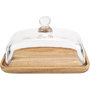 Glass Butter Dish with Lid Clear Glass Butter Keeper Container for Butter, Cream Cheese, and Dessert Cake（Acacia）