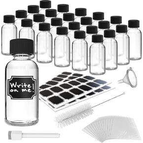Nevlers 24PK 2oz Small Glass Bottles with Lids | Clear Boston Round Juice Shot Bottles with Caps | Ginger Shots Bottles, Wellness Shot Glass, Bottles Vanilla Extract Bottles & Mini Liquor Bottles