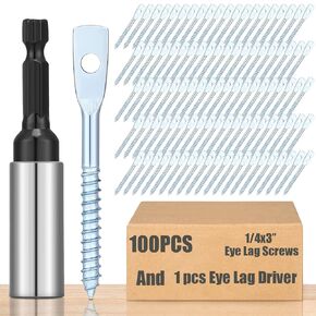 100 Pcs Eye Lag Screws and 1 Pcs Eye Lag Driver Set, 1/4 Inch x 3 Inch Eye Lag Wood Screws Zinc Plated 2-5/8 Inch Quick Install Bit Kit for Use with Attaching Hanger Wire to Ceiling Joists