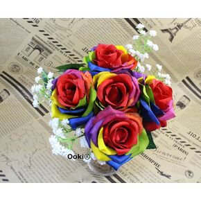 Ooki Custom Handmade Artificial Silk Rainbow Rose Toss Bouquet Bridesmaid Flower Bush Arrangement Home Decor Wedding Party Celebration Centerpiece Twine