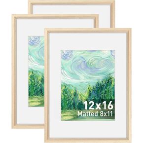 12x16 Picture Frame Set of 3, Solid Oak Wood Picture Frames for Wall, Display Pictures 12 x 16 without Mat or 8x11 with Mat, Wall Mounting Horizontal and Vertical Photo Frames