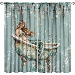 Vintage Mermaid Curtains, Medieval Art Hand Drawn Abstract Ocean Shell Starfish Seabed View Drapes for Child Teen Girl, Blackout Rod Pocket Window Treatments for Living Room Bedroom Bathroom 42x45in