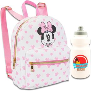 Minnie Mouse Mini Backpack for Girls - 10" Faux Leather Minnie Mouse Backpack with Front Pocket Plus Bottle | Minnie Mouse Backpack Bundle