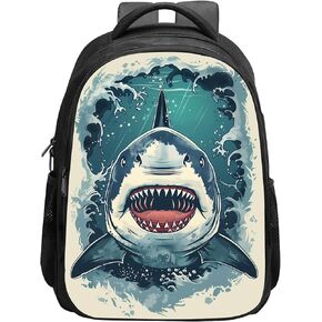 Shark Backpack Cool Shark Face Bookbag, Fierce Ocea Animal Shark School Backpack Shoulder Bag, Elementary School Boys Girls Backpack, 16 Inch Backpack with 2 Compartments, Blue Beige