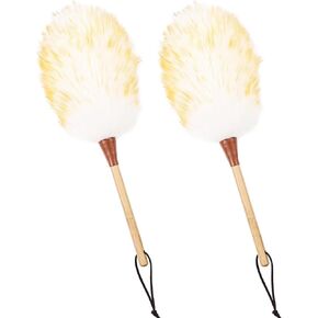 Lambswool Duster 15.9 Inch Handheld Wooden Wool Duster for Cleaning Window Blinds Computer Furniture (2PCS)