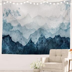 Batmerry Navy Blue Watercolor Mountains Tapestry, Sky Wall Art Hanging Decoration Polyester Fiber White Ruffled Around for Dorm Room Bedroom Living Room, 39.1x59.1 inches