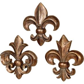 Touch of Class Fleur de Lis Wall Accents - Bronze/Gold - Set of Three - Polystone Sculpture - Roman Emblem, French Royalty - Traditional Decor for Bedroom, Living Room, Kitchen