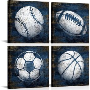 KLVOS Navy Blue Sports Wall Art Décor Basketball Baseball Soccer Football Canvas Art Prints Sport Balls Picture for Man Cave Kids Teenagers Boy Room Decor 12x12inchx4 Piece