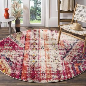 SAFAVIEH Monaco Collection 5' Round Magenta / Multi MNC222D Boho Chic Tribal Distressed Non-Shedding Dining Room Entryway Foyer Living Room Bedroom Area Rug