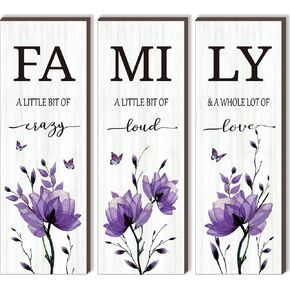 DONFENTHY 3 PCS Black Bathroom Decor Family Wall Signs Black Flower Wooden Wall Art Inspirational a Little Bit of Crazy Loud Love Rustic Wall Decor for Bathroom Living Room Bedroom Office(Black 12x4)
