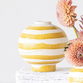 Creative Co-Op Large Striped Stoneware Vase with Sphere Shape and Footed Base, Yellow and White