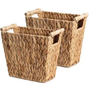 StorageWorks Wicker Waste Basket with Wooden Handles, Bathroom Trash Can, Wicker Trash Can for Bedroom, Office, Living Room, 12 Liters, 1 Pack