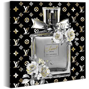 summer melody Chic Fashion Canvas Wall Art: Black White Perfume Bottle Picture with Textured Print Glam Modern Painting Ideal for Girl’s Room Bedroom Home Decor