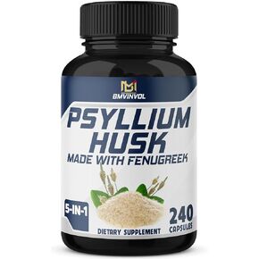 BMVINVOL Psyllium Husk Capsules Fiber Supplement with Fenugreek, Turmeric, Ginger, Black Pepper - 240 Count for 4 Month Supply