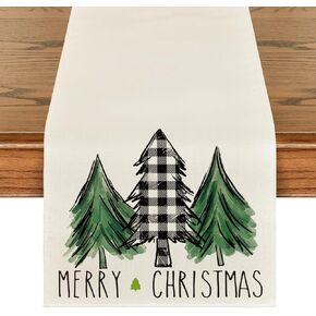 Artoid Mode Buffalo Plaid Merry Christmas Trees Table Runner, Seasonal Winter Xmas Holiday Kitchen Dining Table Decoration for Home Party Decor 13 x 90 Inch