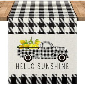 Summer Lemon Sunshine Table Runner Buffalo Plaid Check Truck Farmhouse Kitchen Dining Table Decoration Summer Seasonal Burlap Home Decoration Indoor Outdoor Party Supply 72 x 13 Inch