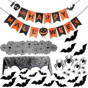 Halloween Decorations Indoor Set, Halloween Party Table Decor Include Mantel Scarf, Spider Cobweb Table Runner, 3D Bats & Spider Wall Sticker And Happy Halloween Banner For Indoor Outdoor Decor