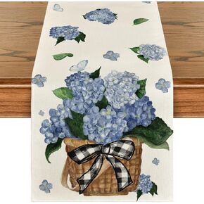 Artoid Mode Hydrangea Flower Basket Bow Tie Summer Table Runner, Seasonal Spring Kitchen Dining Table Decoration for Home Party Decor 13x72 Inch