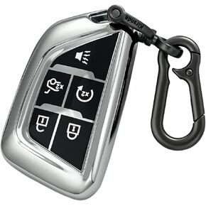 for Cadillac Key fob Cover,case with Metal Keychain,Soft TPU Protection Key Shell/Skin,5 Buttons fit CT5 CT6 XTS XT4 XT5 ATS Remote Key(Black Silver)