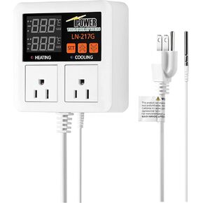 iPower Digital Temperature Controller, 1200W 10A Dual Outlet Thermostat Plug, 2-Stage Heating/Cooling Mode, for Seed Germination, Reptiles, Brewing Breeding, Fermenter Greenhouse