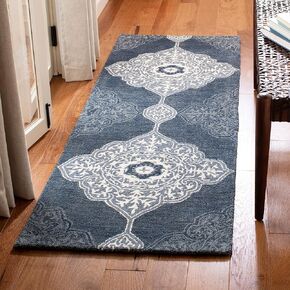SAFAVIEH Micro-Loop Collection Runner Rug - 2'3" x 7', Grey & Navy, Handmade Medallion Wool, Ideal for High Traffic Areas in Living Room, Bedroom (MLP620F)