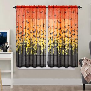 ASPMIZ Halloween Curtains for Bedroom, Black Orange Gradient Sheer Curtains 84 Inch Length 2 Panels, Spider Web Bat Window Light Filtering Grommet Drapes for Halloween Decorations 52" W x 84" L