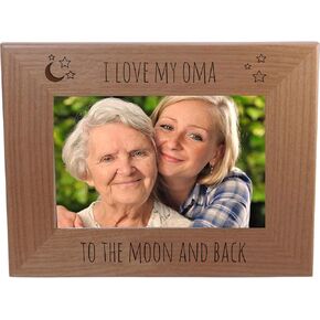 CustomGiftsNow I Love My Oma to The Moon and Back - Engraved Natural Alder Wood Hanging/Tabletop Picture Memory Family Memorial Photo Real Wooden Frame
