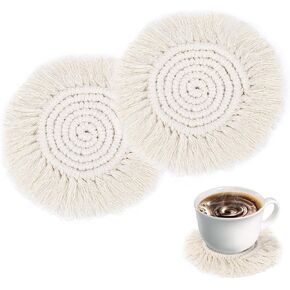 2 PCS Boho Coasters for Drinks Absorbent, Macrame Cotton Coasters for Wooden Table Round Drink Coaster Set with Tassels Housewarming Gift Bar Coffee Table Office Desk Decor