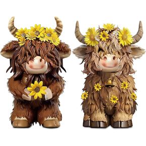 2 Pack Highland Cow Brown Scottish Highland Cow Gnomes with Sunflower Resin Figurine Calf Gnome Herd Gnome Gifts for Farmhouse Table Home Garden Decorations