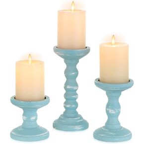 Romadedi حامل شموع ديكور ساحلي - مجموعة من 3 حوامل شموع من خشب المحيط الريفي لحامل شموع على شكل عمود للشاطئ لتزيين طاولة المدفأة المركزية، باللون الأزرق الأبيض in Kuwait