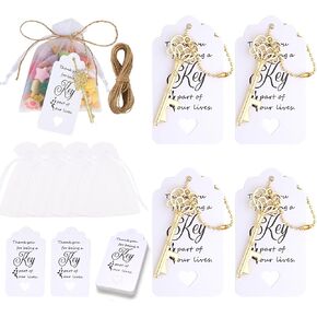 WODEGIFT 20 PCS Vintage Skeleton Key Bottle Opener with Thank You Tags, Organza Bags, Jute Rope and Chains，Perfect Wedding Gifts and and Baby Showers Favors for Boys(Blue)